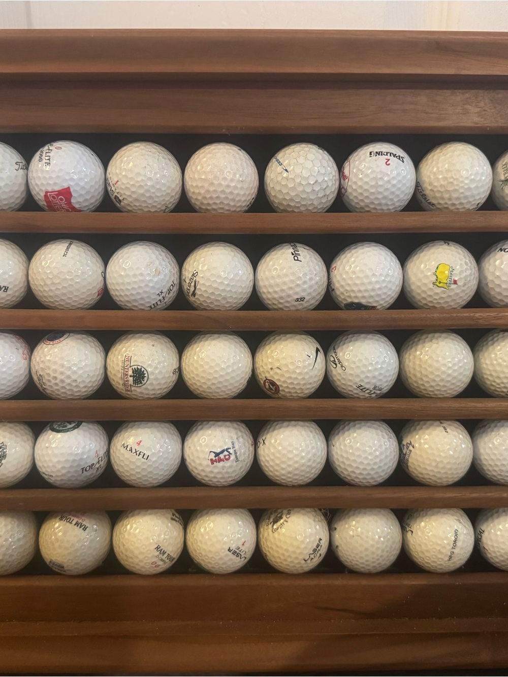 Wooden Golf Ball Display Rack - White Golf Ball Organizer- w/ 50 assorted balls